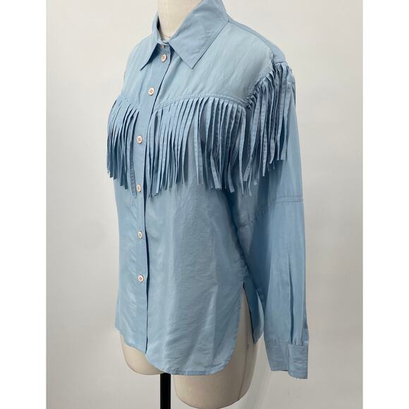 Vintage 90s Fringe Silk Button Down Shirt Blouse Western Light Blue Small Petite - Picture 4 of 7